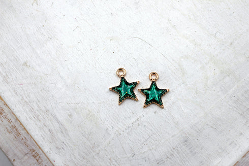 green enamel galaxy star charm, gold plated charms, star charms, green enamel, mixed metal, 15mm x 12mm, hole 1.5mm, sold as 2 pieces.